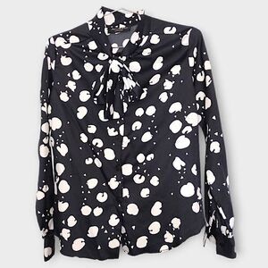Adolfo Atelier Vtg Blouse Women Sz 10 Black Cream Dots Long Puff Sleeve Mock Tie